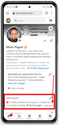 Bio LinkedIn anteprima delle prime righe