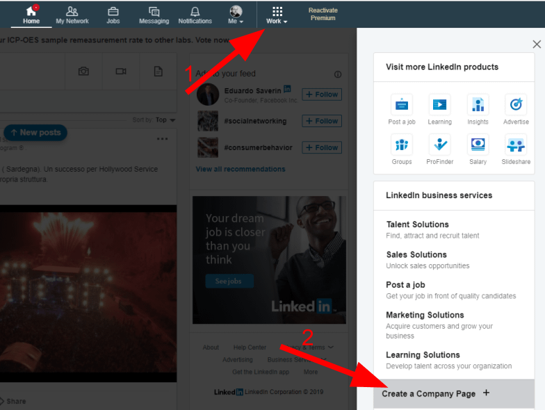 linkedi per aziende schermata per creare la pagina